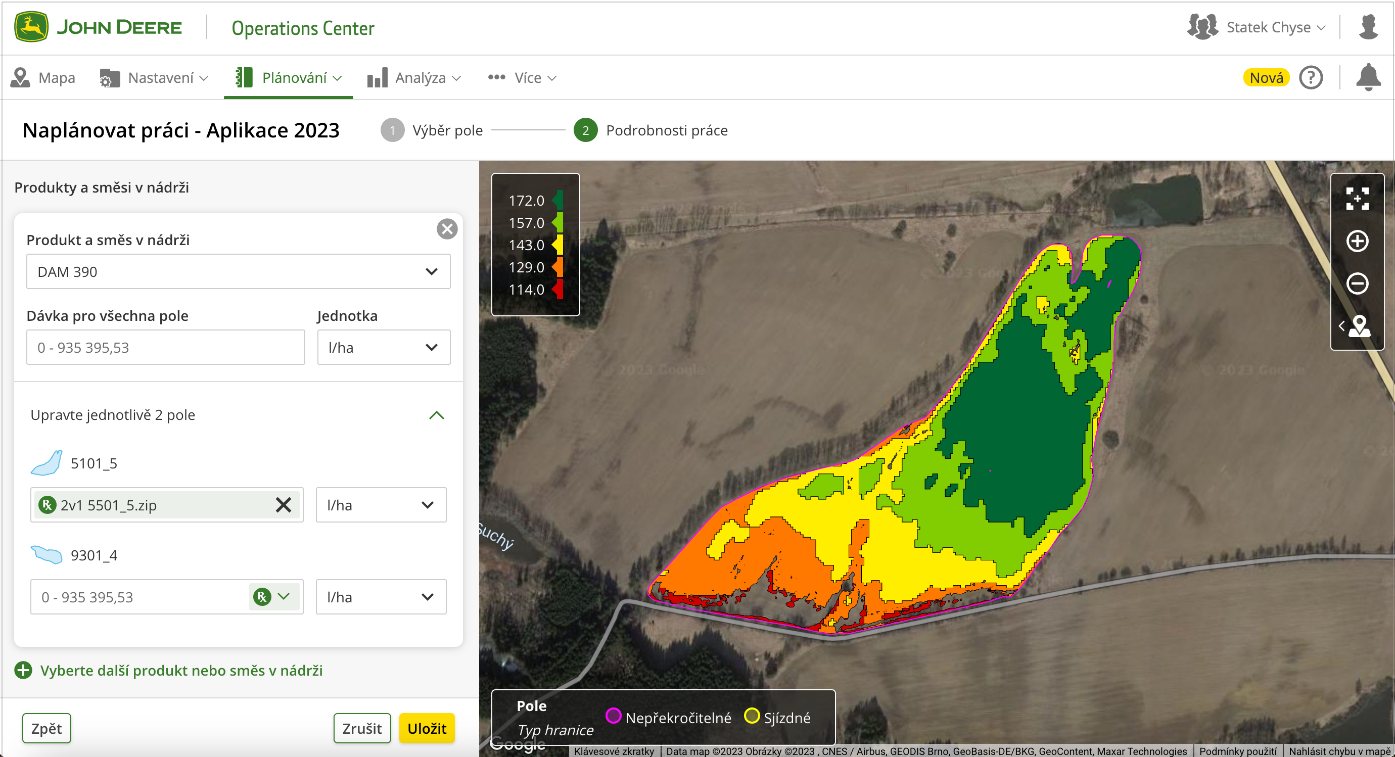 Obr 5 Předpisová mapa pro selektivní a zároveň variabilní aplikace (MyJohnDeere)