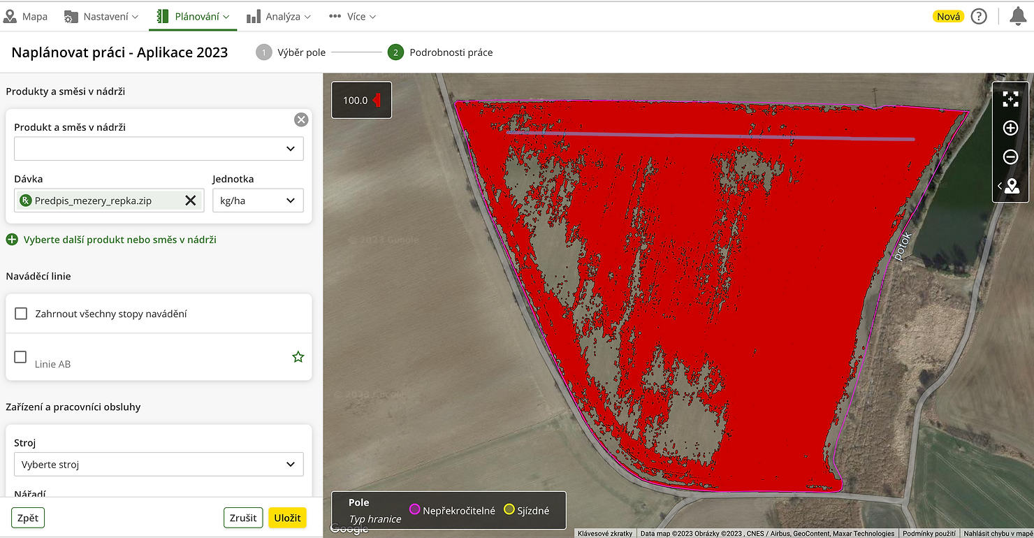 Obr. 3 Předpisové mapa v Plánovači práce (MyJohnDeere) před odesláním do terminálu postřikovače.