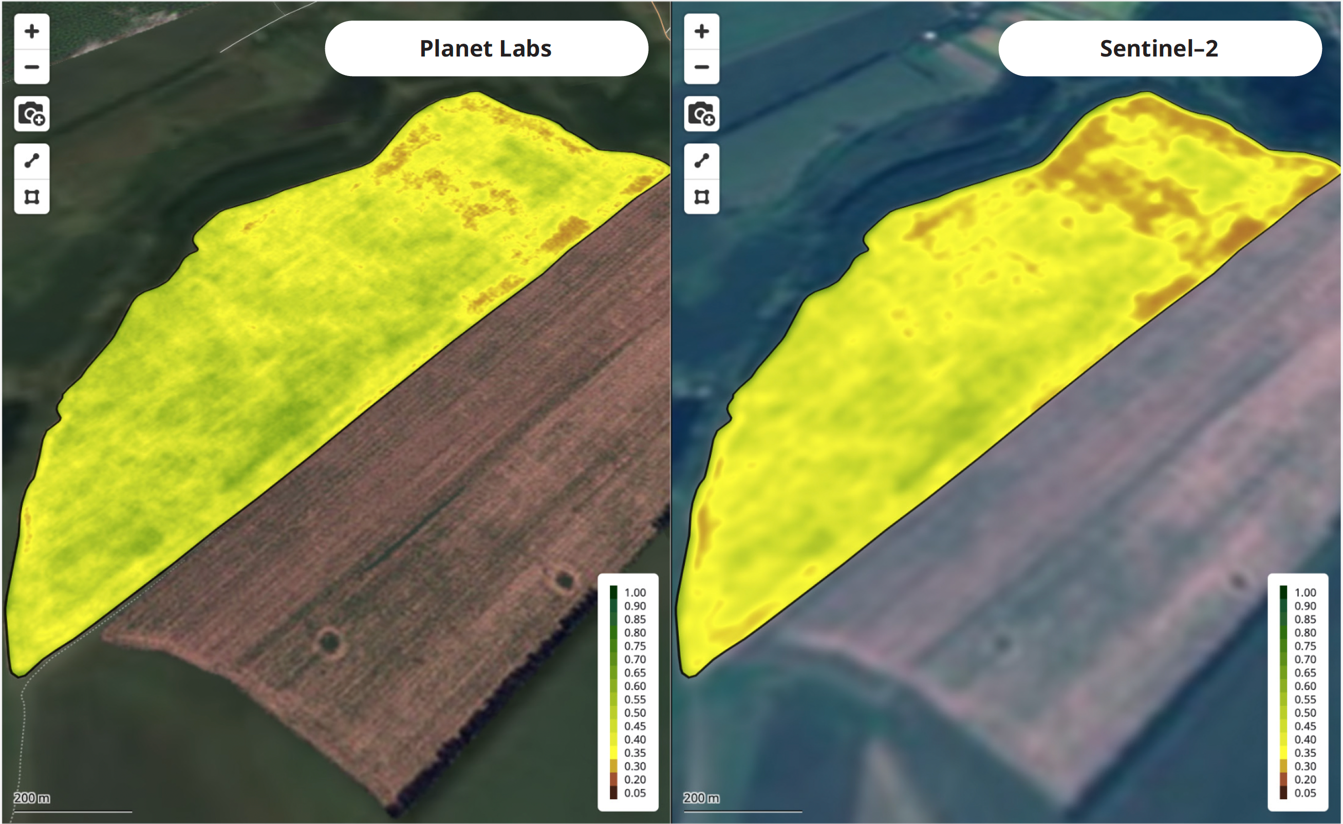 Obr. 2 Rozdíl v kvalitě obrazových dat mezi PlanetScope a Sentinel-2.